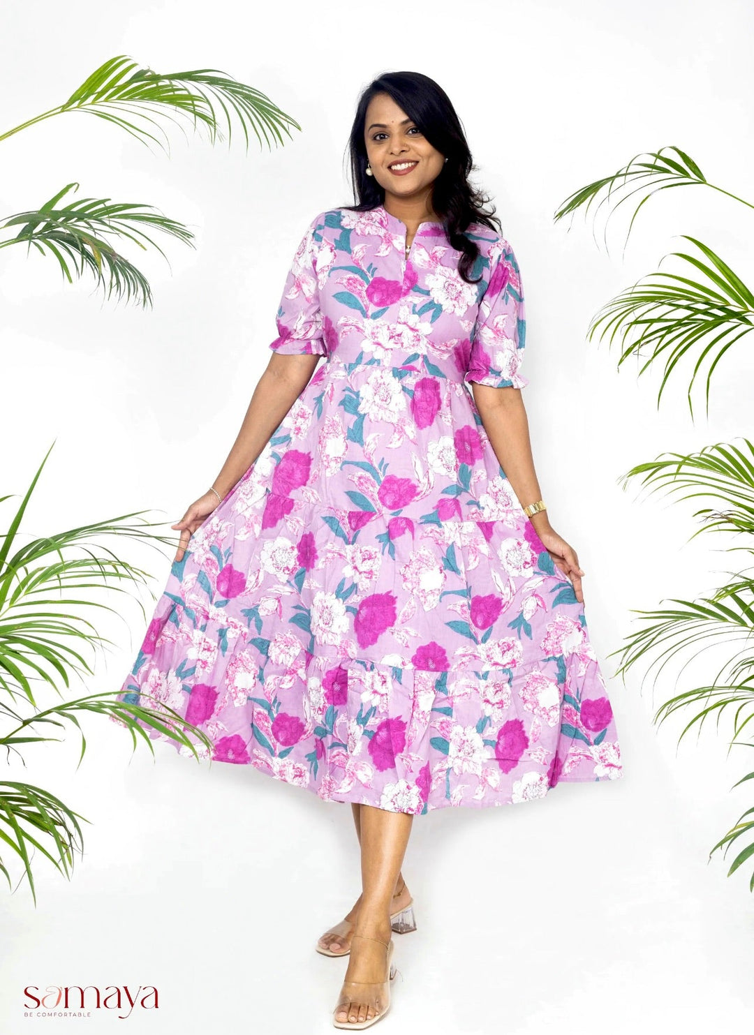Lavender floral casual cotton dress with puff sleeves and center zipper, perfect for maternity and nursing.