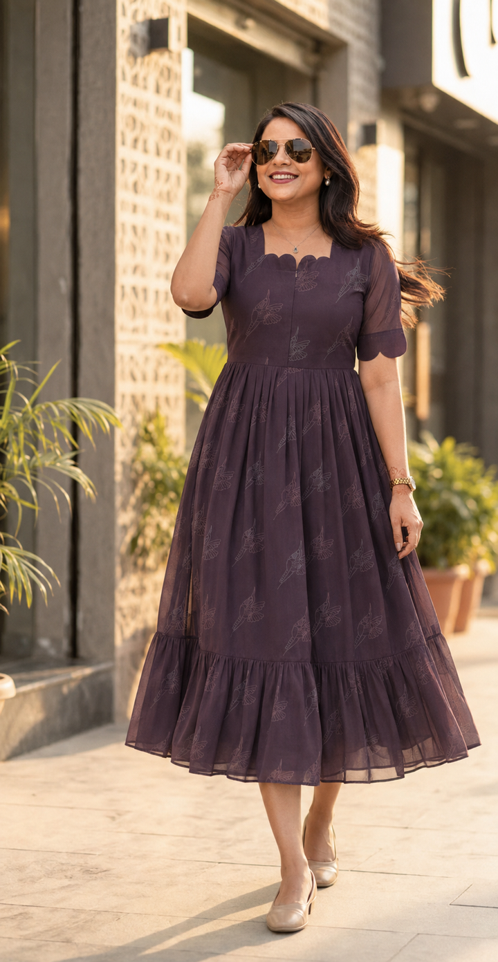 Brown georgette casual Dress With Lining ( No-Iron Everyday Dress)