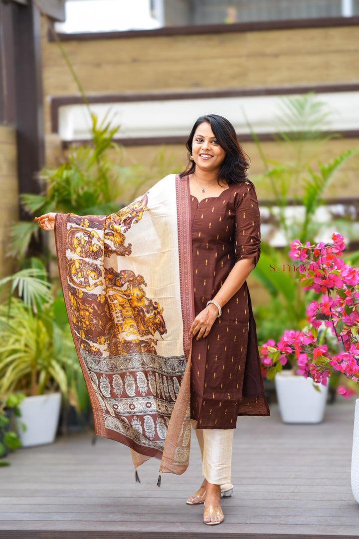 Kaapi- 3 piece salwar suit set with printed kalamkari dupatta