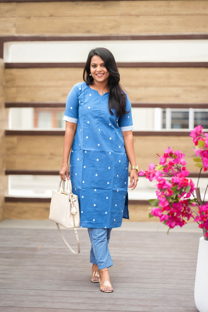Denim blue Handloom top bottom set with full lining