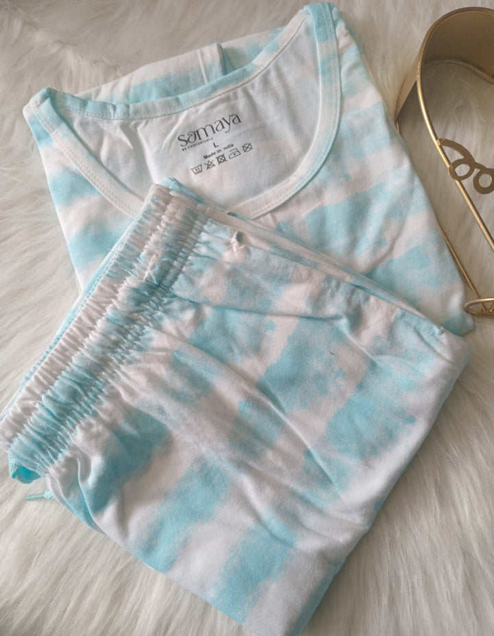Skyblue tie and dye lightweight cotton nursing top and pant set with short sleeves and round neck