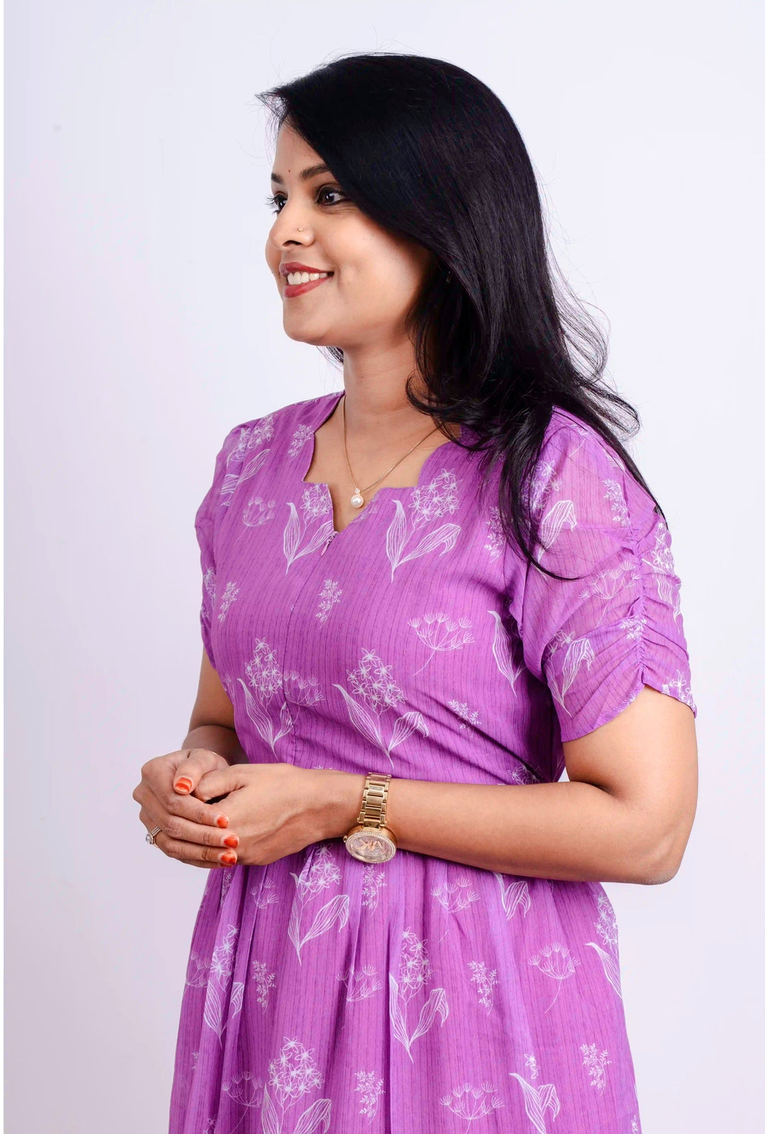 Lilac Georgette Casual  Dress With Lining ( No-Iron Everyday Dress)