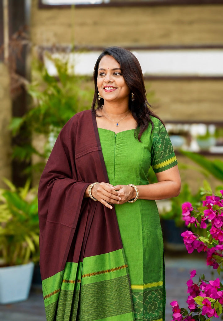 Shanthini - Green maroon 3 piece Pochampally  suit set with Dupatta