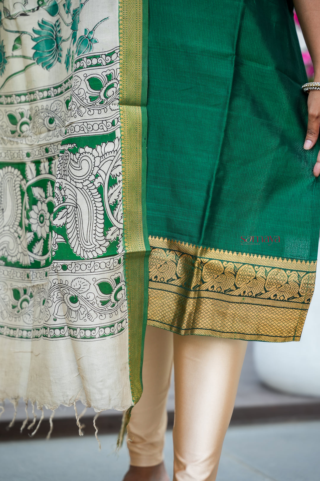 Mangalgiri Green Narayanapet silk top with kalamkari hand painted duppatta set of 2 ( ready to dispatch)