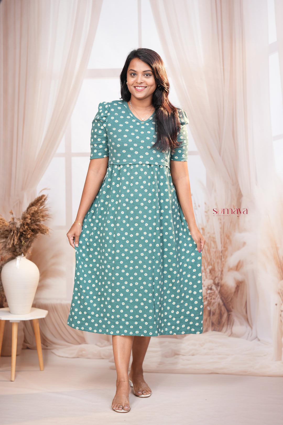 Calf Length Daisy Waffle Light Weight Dress