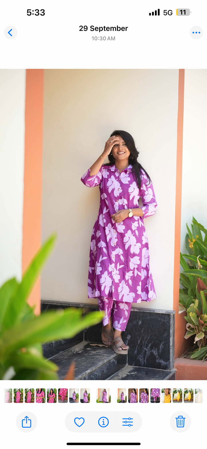 Purple cotton kurta set (button opening)