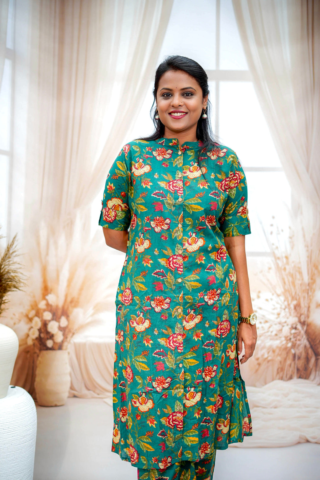 Green cotton kurta set (button opening)