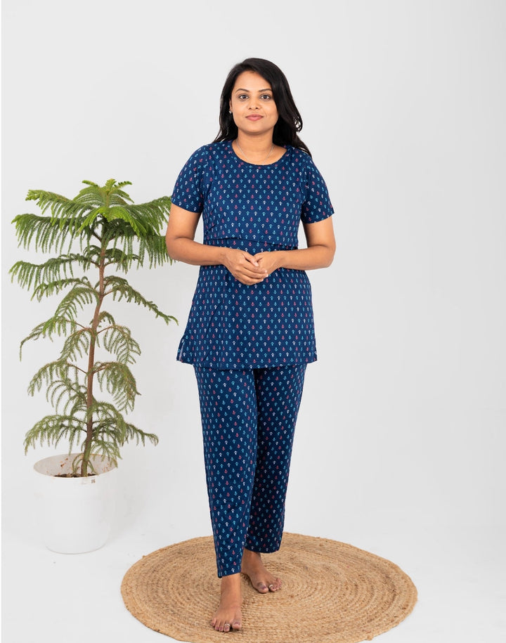 Navy floral nursing top and pant set for maternity feeding, made of breathable cotton blend with short sleeves and round neck.
