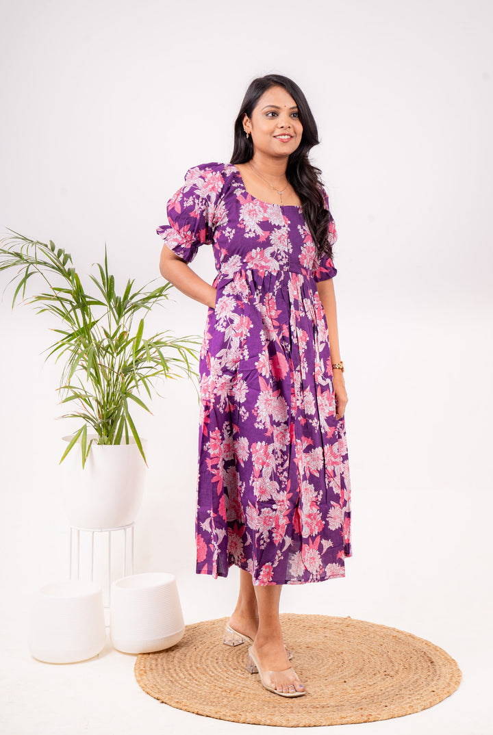 Purple bloom  floral  Dress With Lining