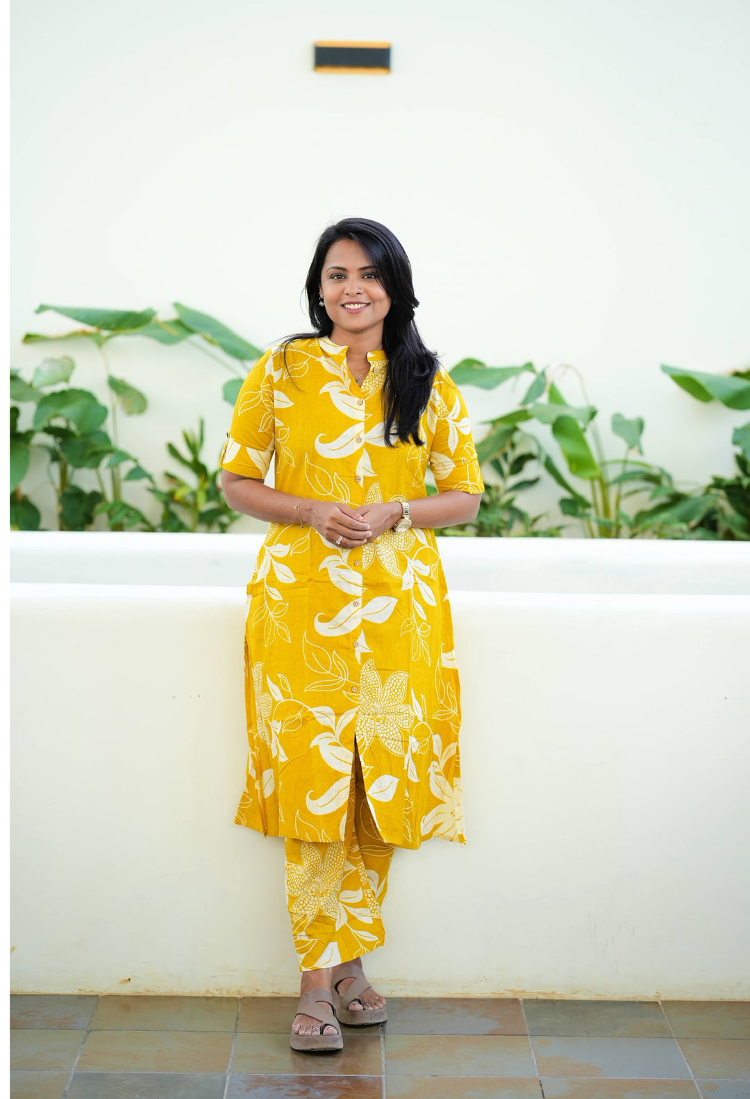 Yellow flower cotton kurta set (button opening)