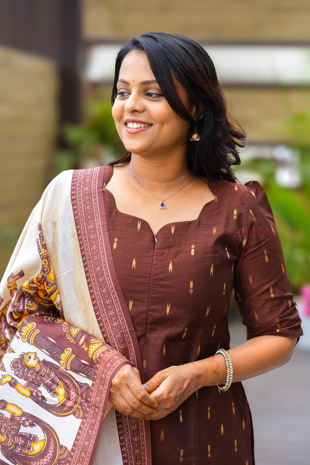 Kaapi- 3 piece salwar suit set with printed kalamkari dupatta