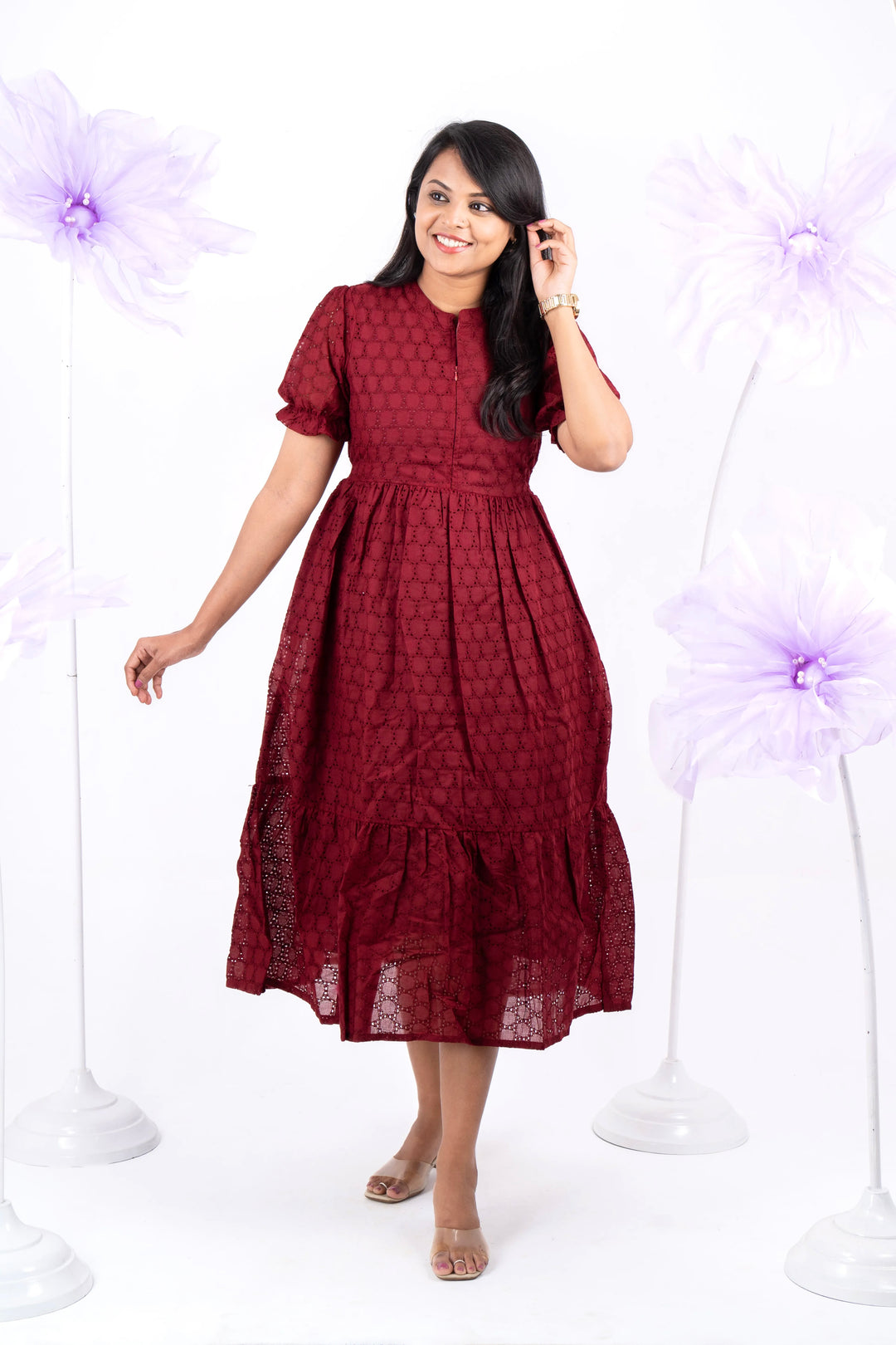 casual dress maroon Dressystar Burgundy Women Short Sleeve Maxi Dresses Long with P Crew Neck SHEIN Teen Girls Red Solid