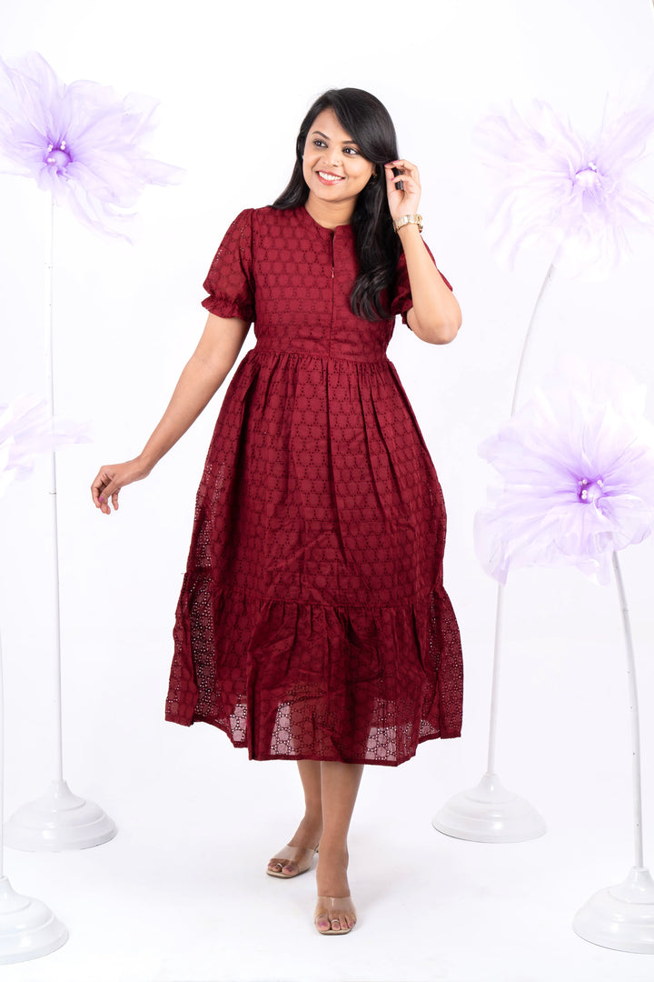 Maroon Hakoba Dress With Lining