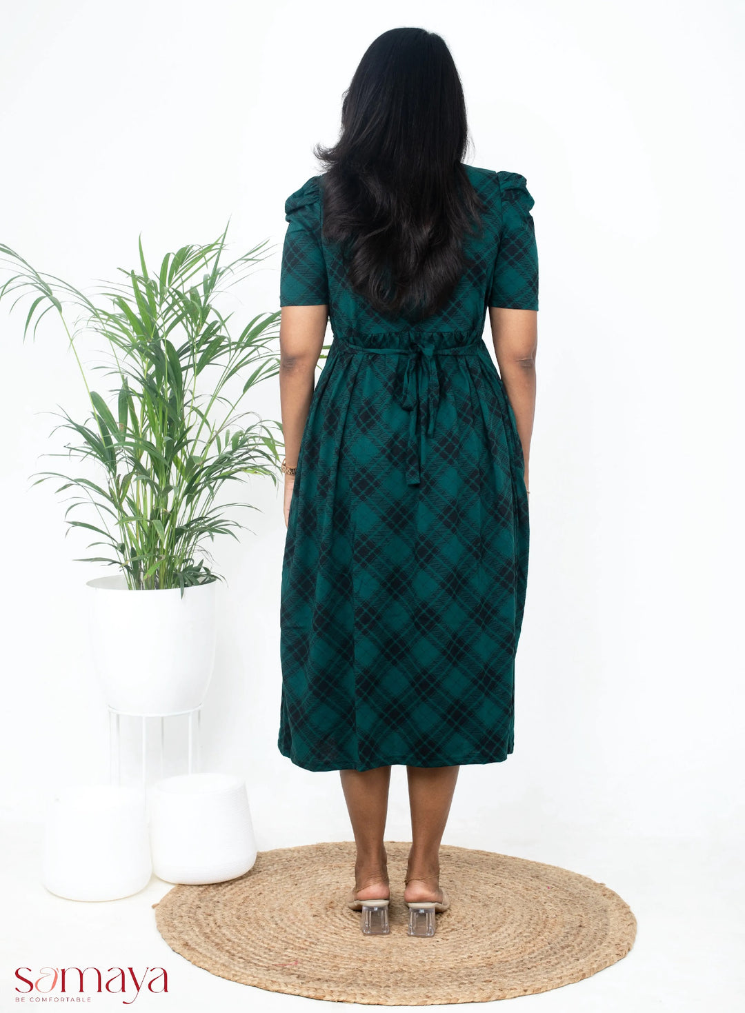 Midi Green Checked Light Weight Dress ( minor embroidery variation so sold at t sale price)