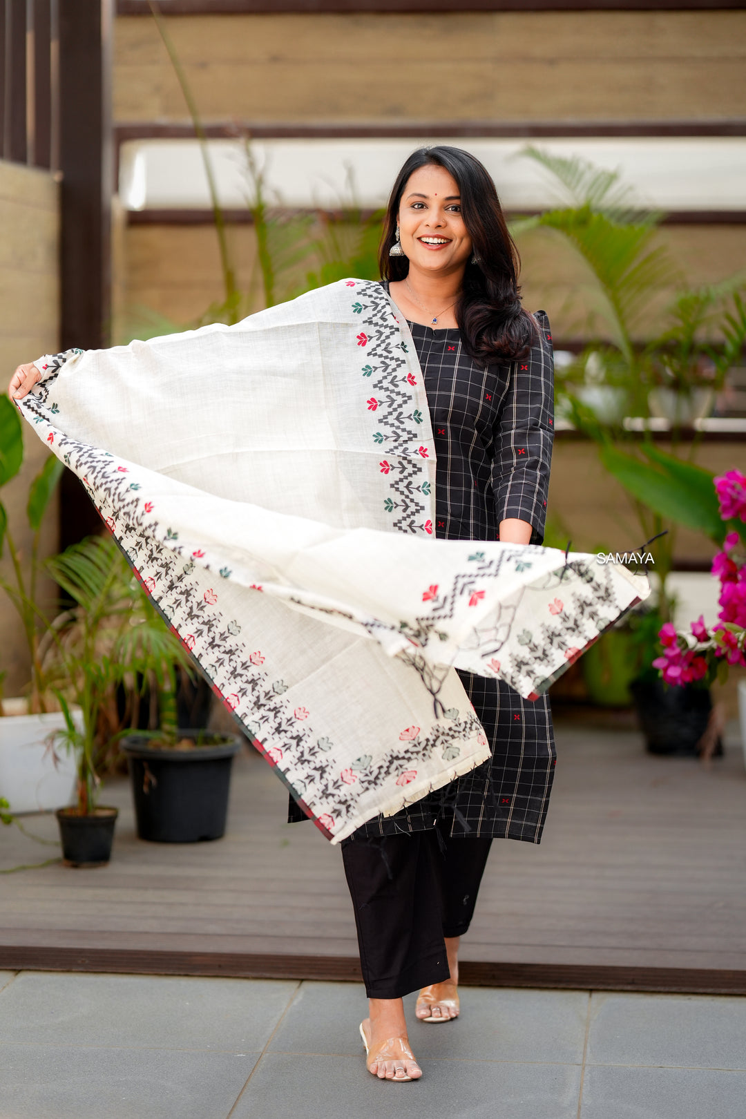 Black checked handloom Cotton 3 piece Set with embroidered dupptta