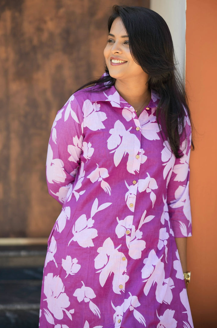Purple cotton kurta set (button opening)