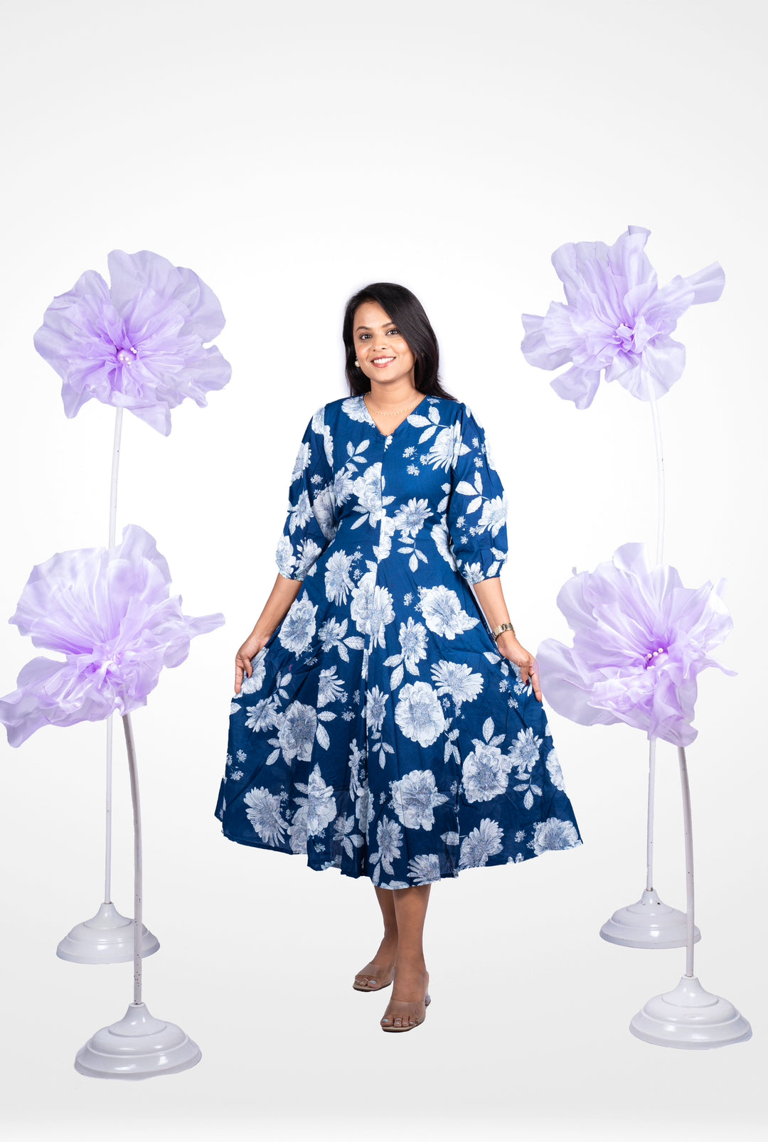 Navy Flower casual Dress With Lining Non-Maternity & Feeding-Friendly Dress