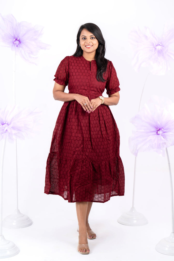 Maroon Hakoba Dress With Lining