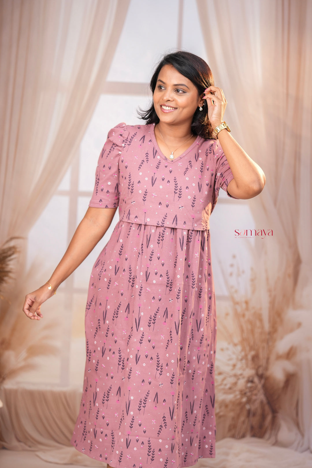 Midi Dusty Pink Ribbed Thick Weight Dress winter edition ( cotton fabric )