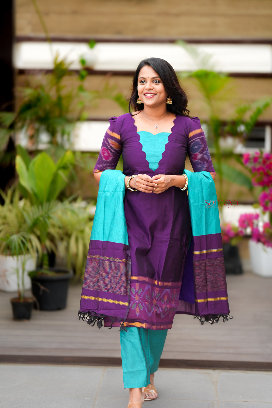 Shanthini -purple  blue   Pochampally 3 piece  suit set with Dupatta