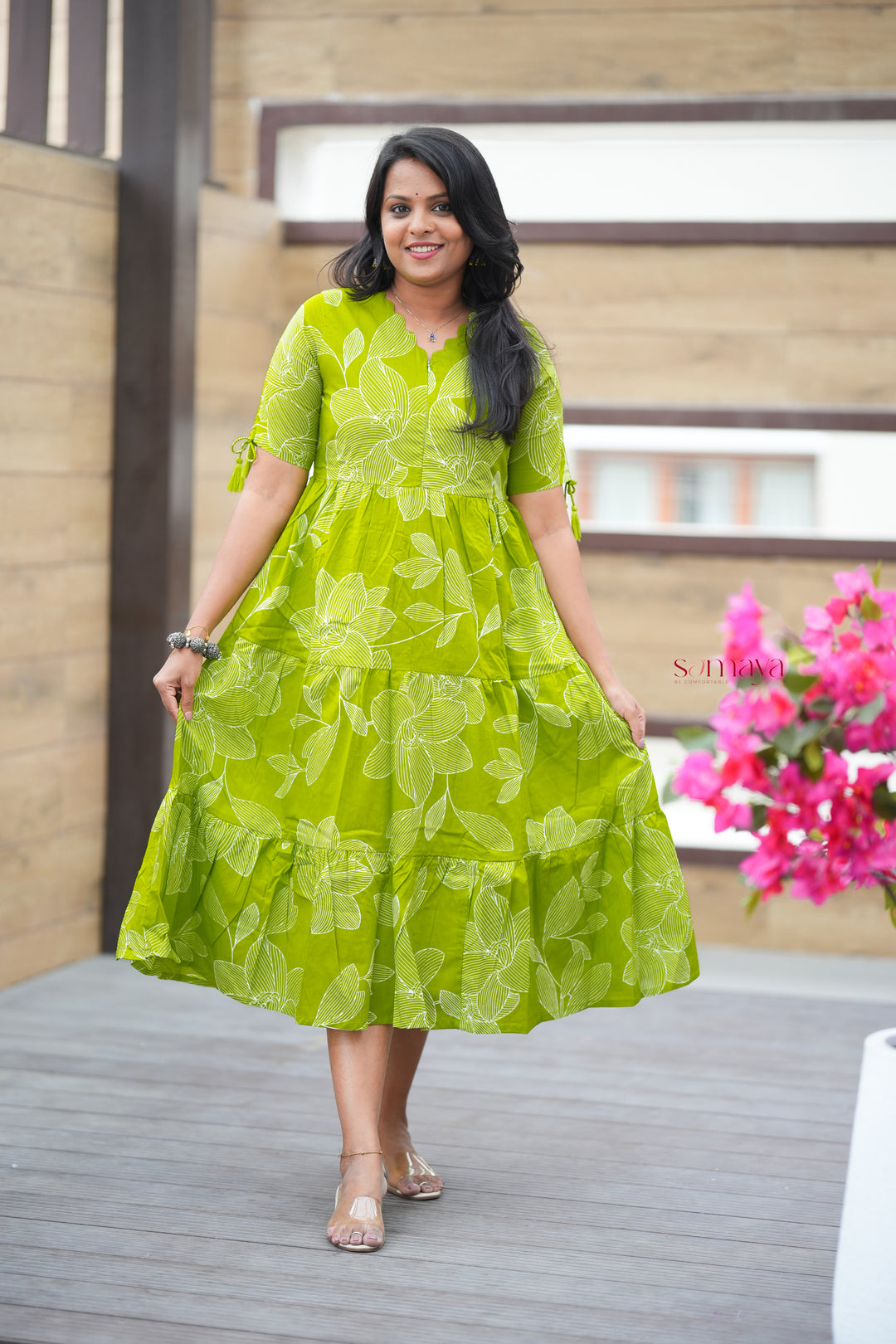 Pachai nirameh casual Dress With Lining