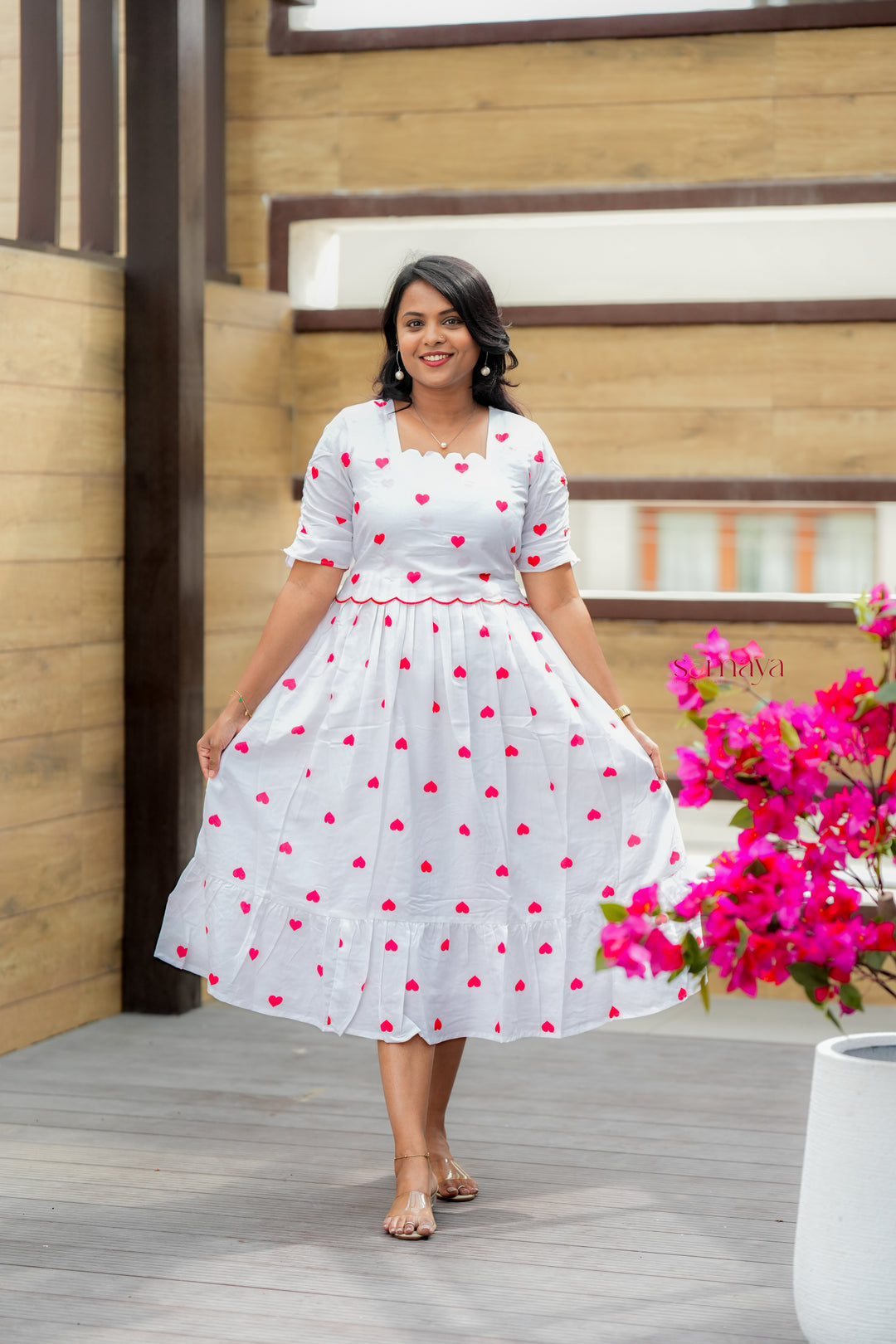 Heart Casual Dress With Lining( Wrinkle-Free Cotton Blend Dress)