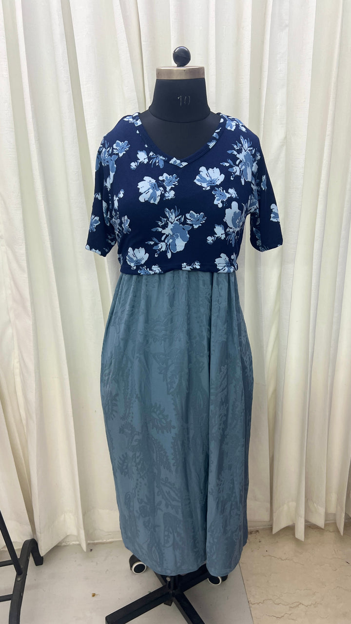 Luxury Midi navy-grey flower Light weight dress