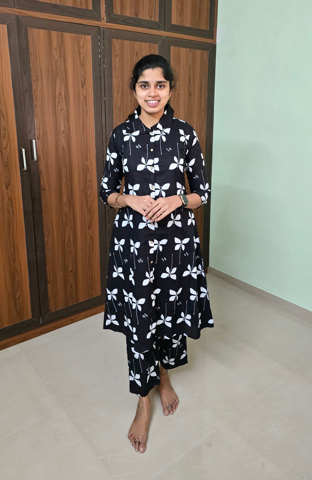 Black cotton kurta set (button opening)
