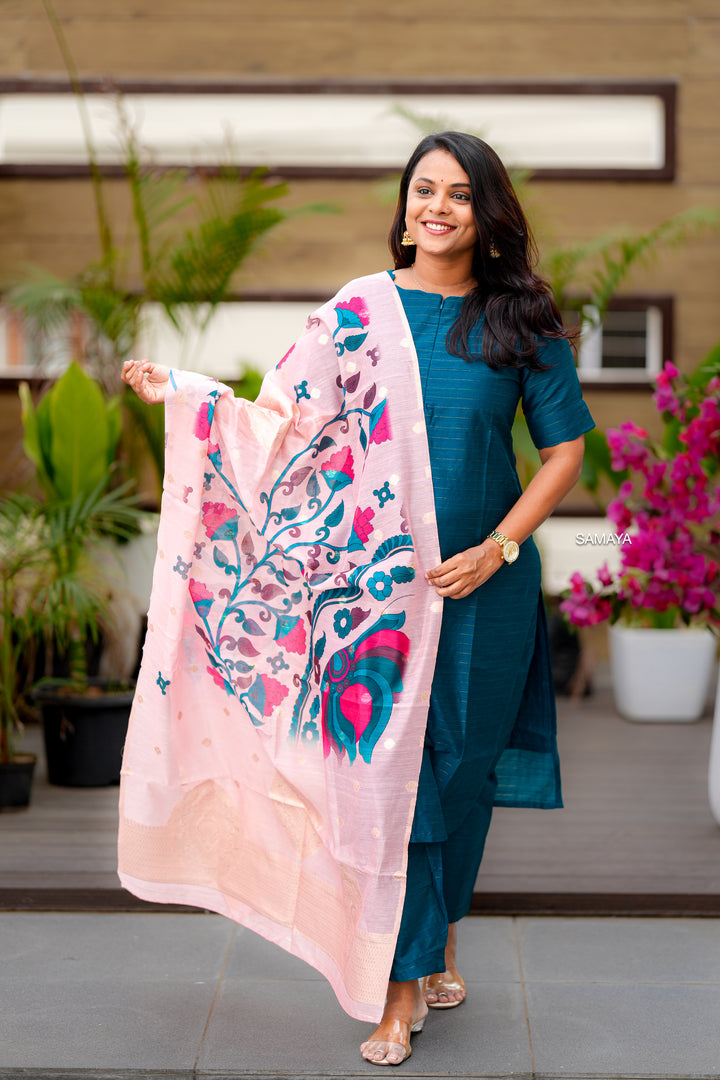 Peacock raw silk suit set of 3 with linen gold border