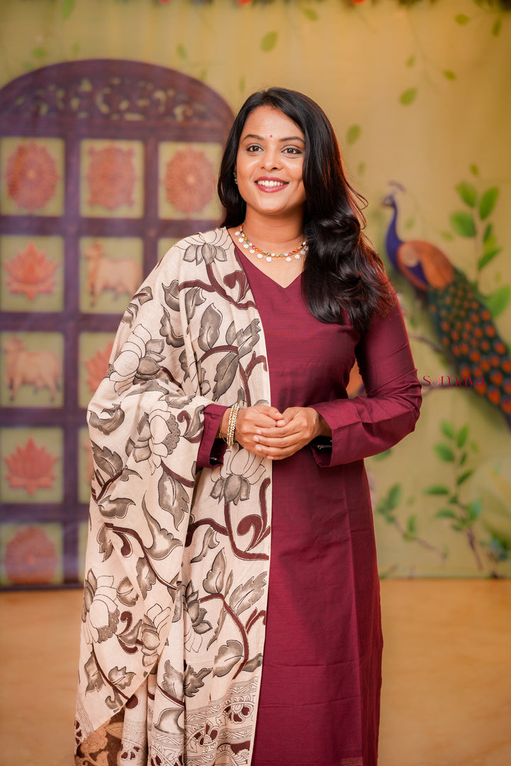 Malar -maroon  raw silk Kurta Set with hand painted kalamkari cotton dupptta