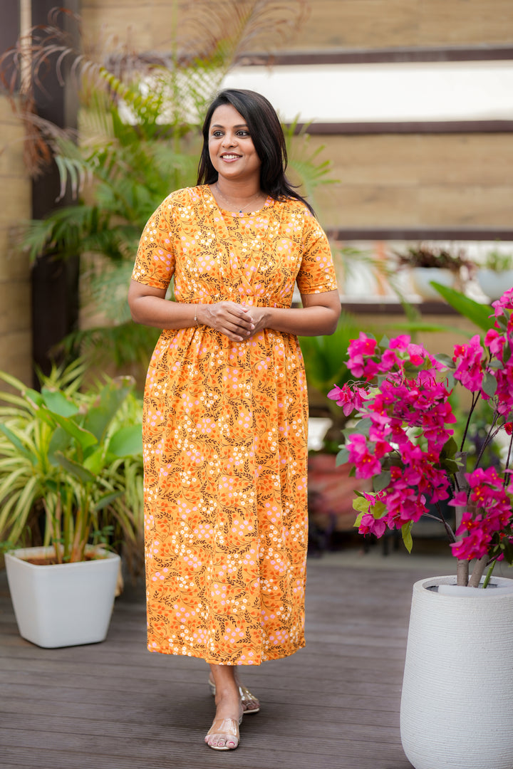 Maxi Mustard Light Weight Dress with attached dupptta drape