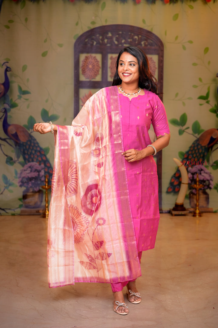 Iniya -pink  raw silk Kurta Set of 3 tissue shimmer zari border dupptta