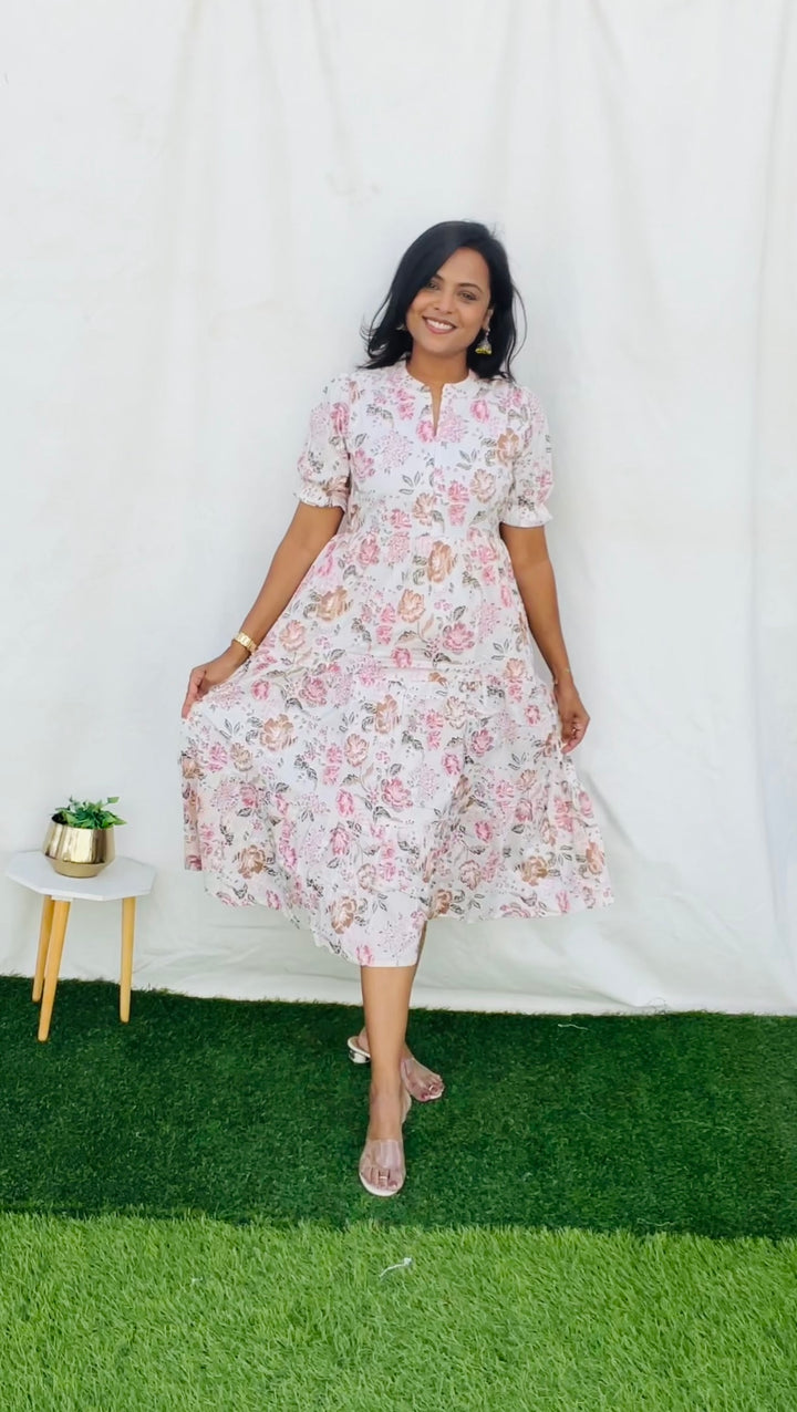 White hand block printed maternity feeding dress with lining ( puff sleeve not 3/4 th sleeve  )