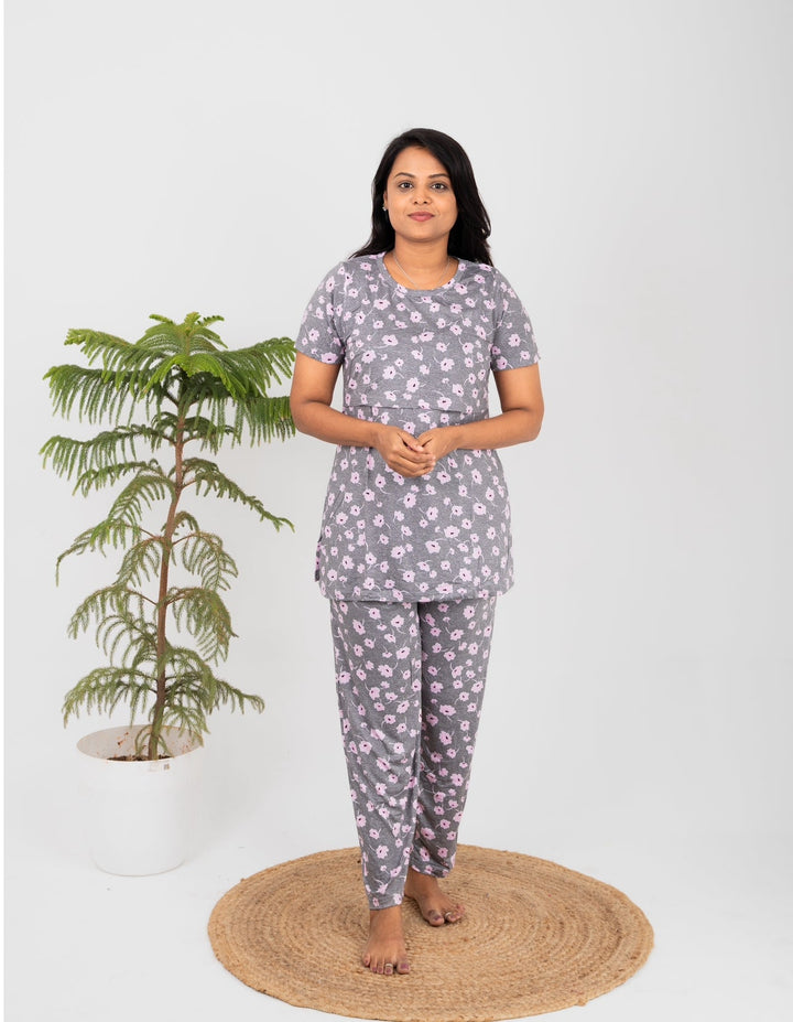 Grey flower printed maternity feeding pant set with short sleeves and round neck, made of soft cotton blend for comfortable nursing and lounging