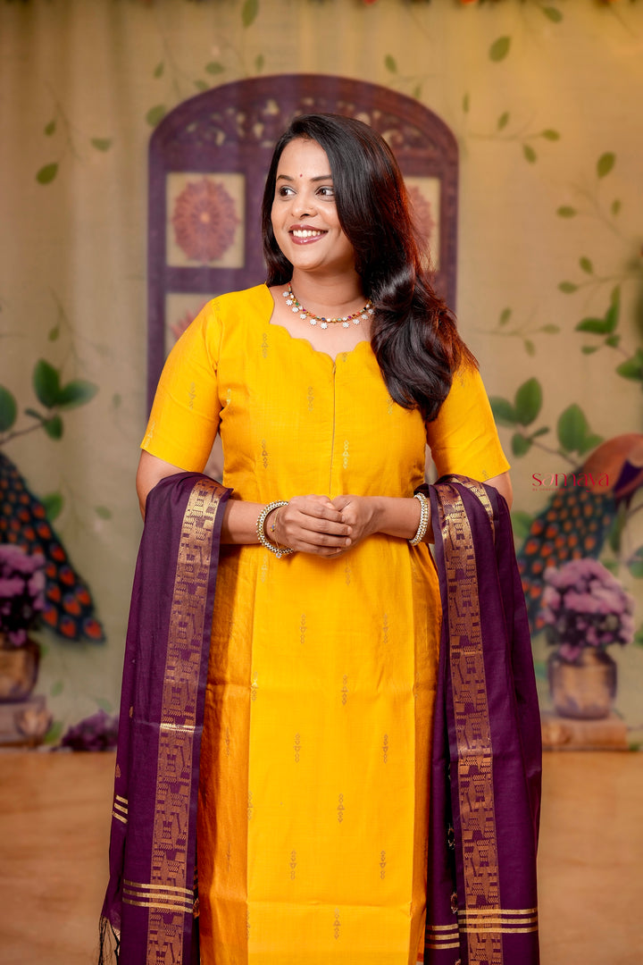 Mango  - yellow soft raw silk Kurta Set of 3 with silk border dupptta