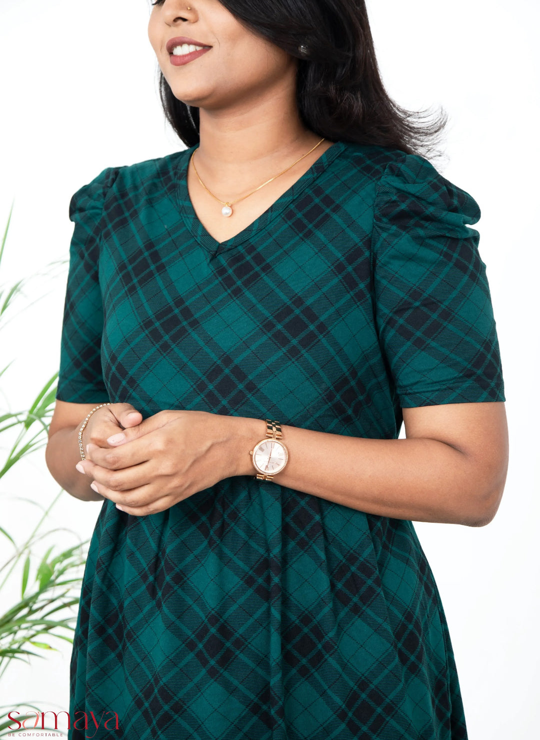 Midi Green Checked Light Weight Dress ( minor embroidery variation so sold at t sale price)