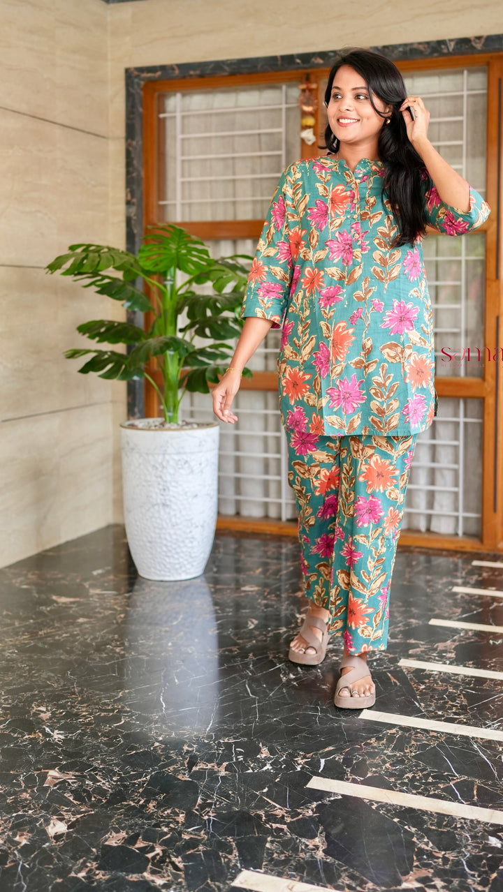 HAASYA-Green orange Night Co-ord Set