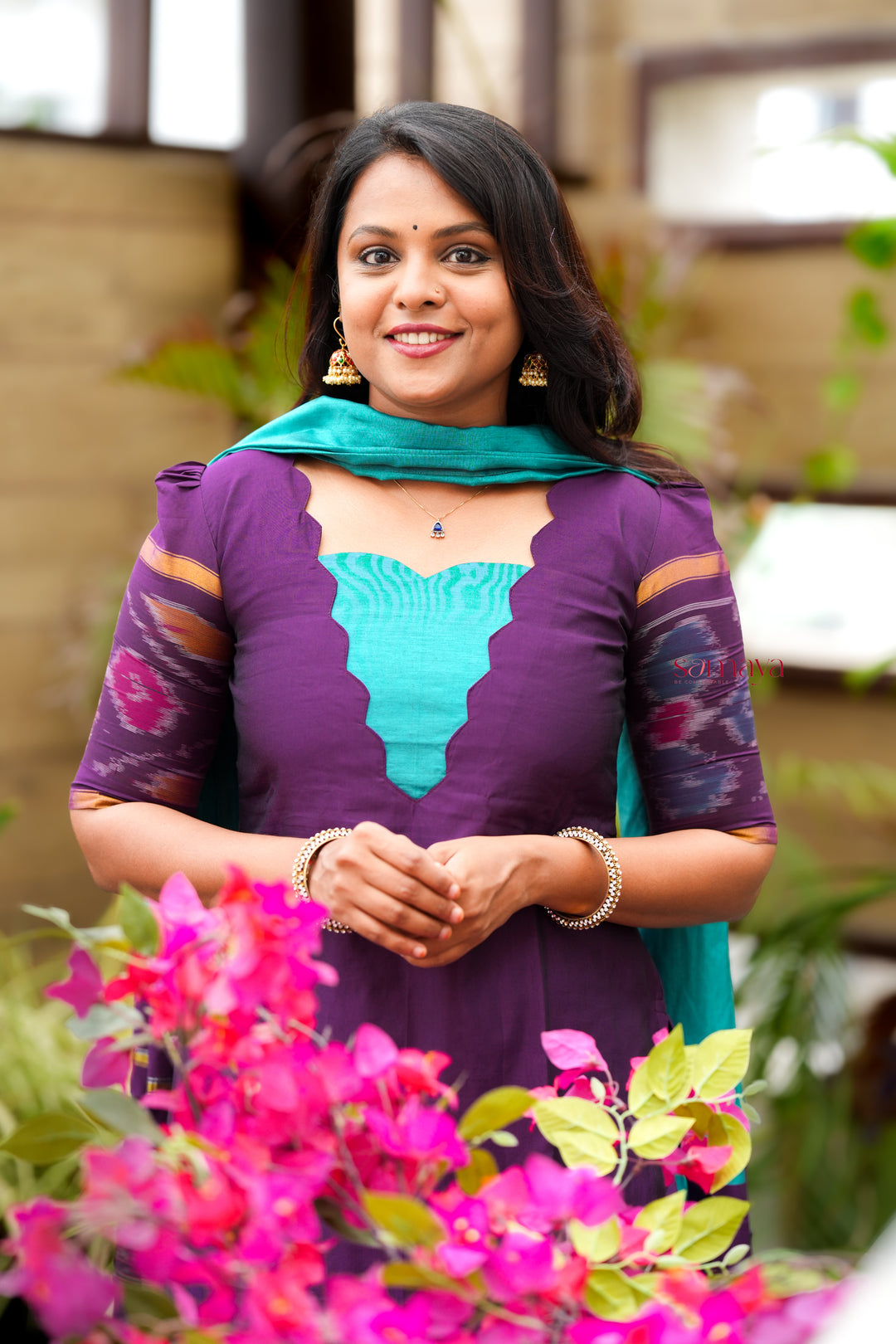 Shanthini -purple  blue   Pochampally 3 piece  suit set with Dupatta