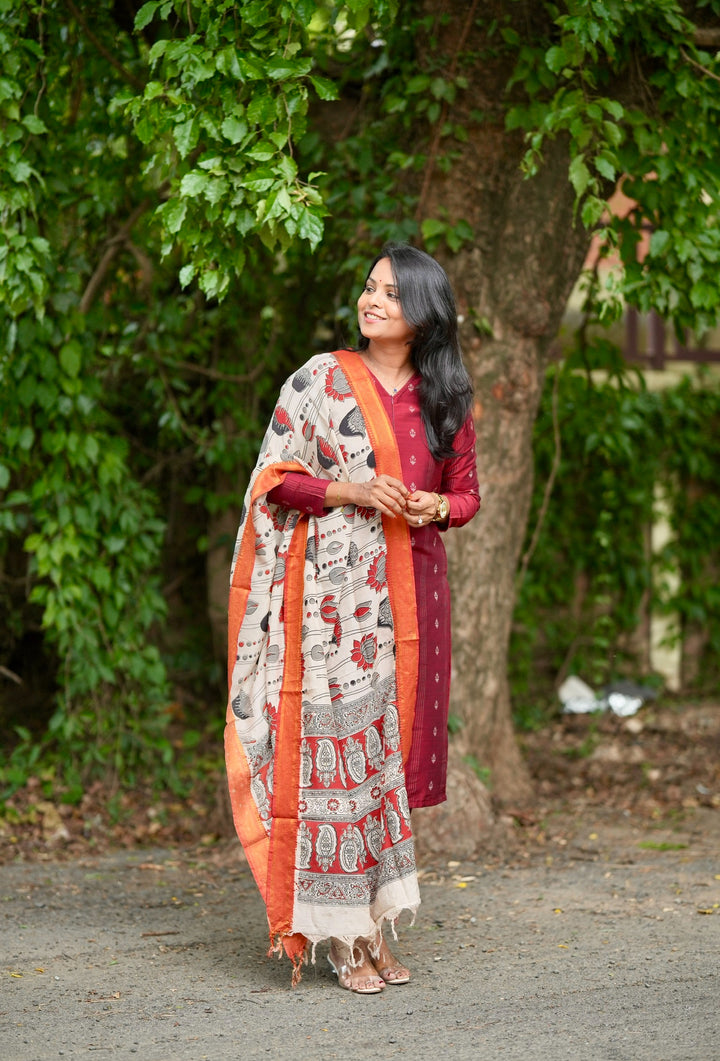 Nithya maroon raw silk Kurta Set with Kalamkari hand painted duptta ( 3 piece set )