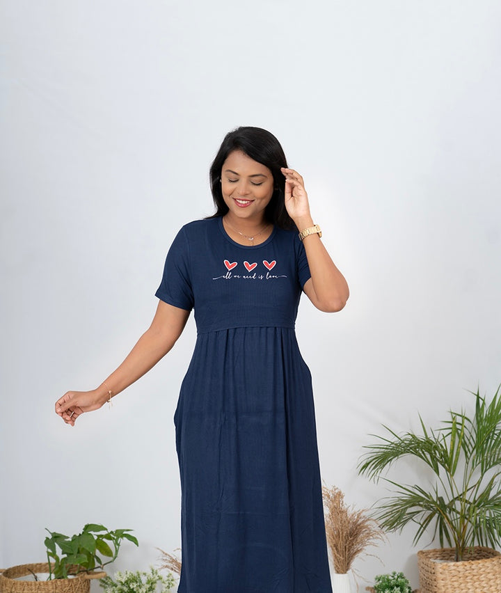 Maxi Navy Heart Dress Ribbed light weight ( minor embroidery variation so sold at sale price)