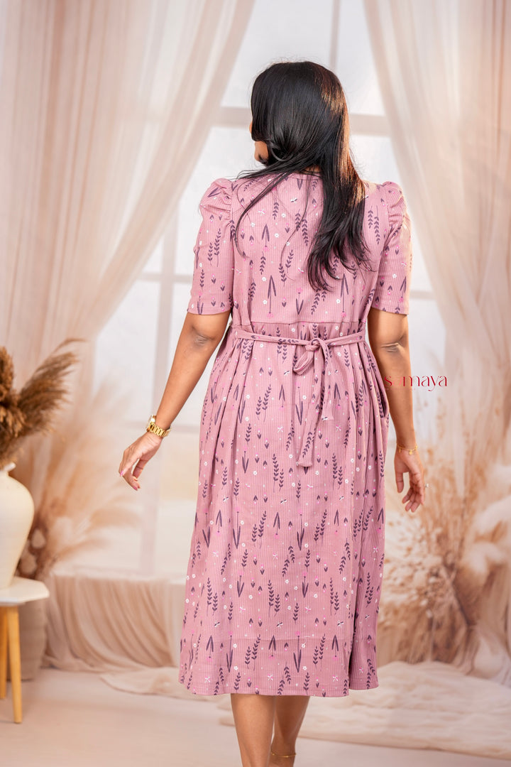 Midi Dusty Pink Ribbed Thick Weight Dress winter edition ( cotton fabric )