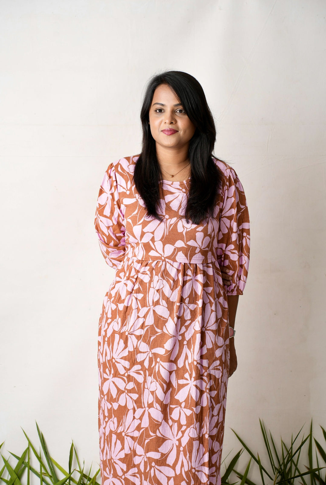 Midi Bubblegum  Floral waffle  casual Dress