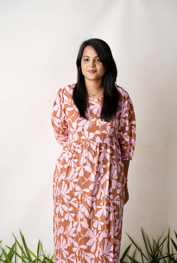 Midi Bubblegum  Floral waffle  casual Dress