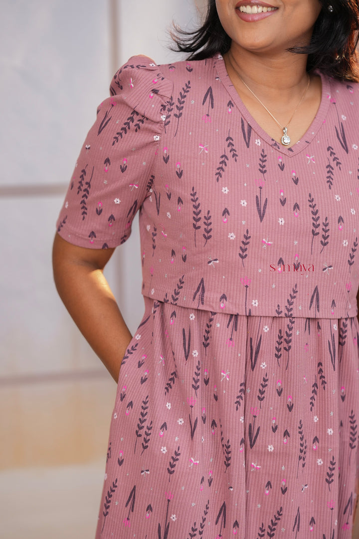 Midi Dusty Pink Ribbed Thick Weight Dress winter edition ( cotton fabric )