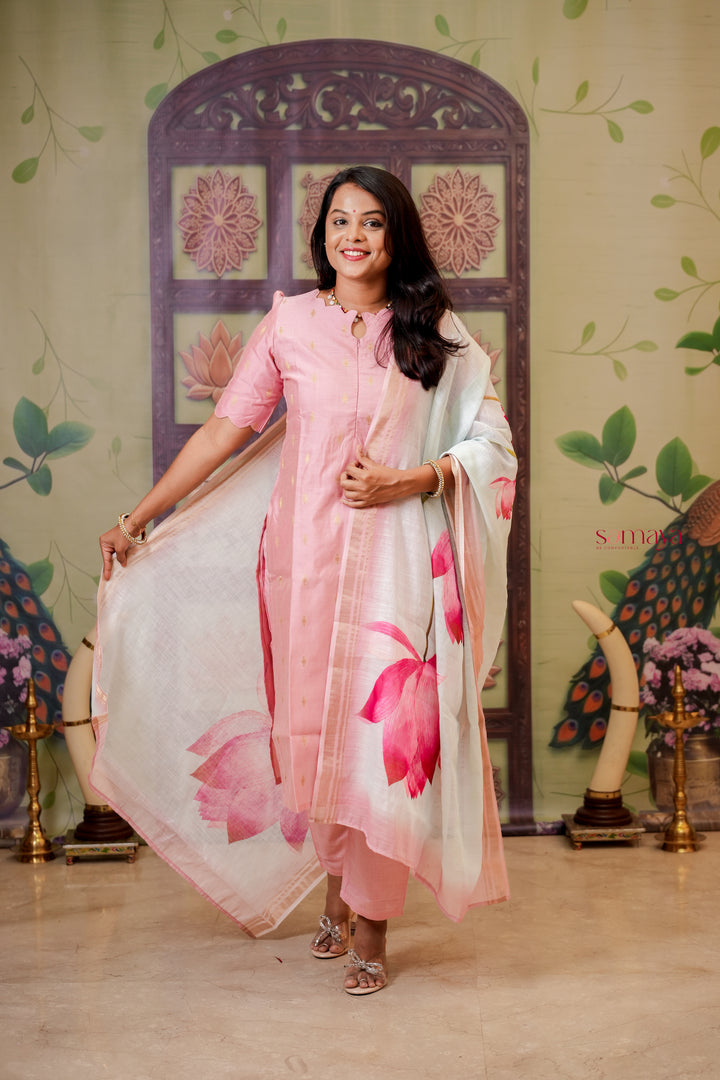 Malar - baby pink  raw silk Kurta Set of 3