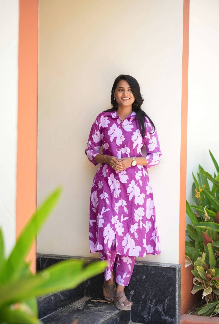 Purple cotton kurta set (button opening)