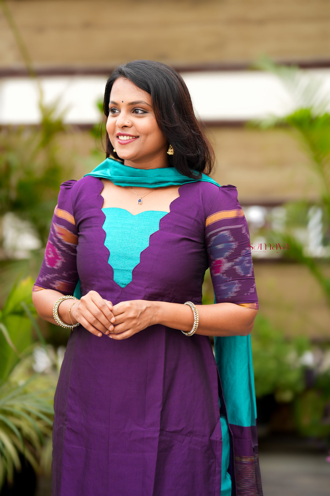Shanthini -purple  blue   Pochampally 3 piece  suit set with Dupatta