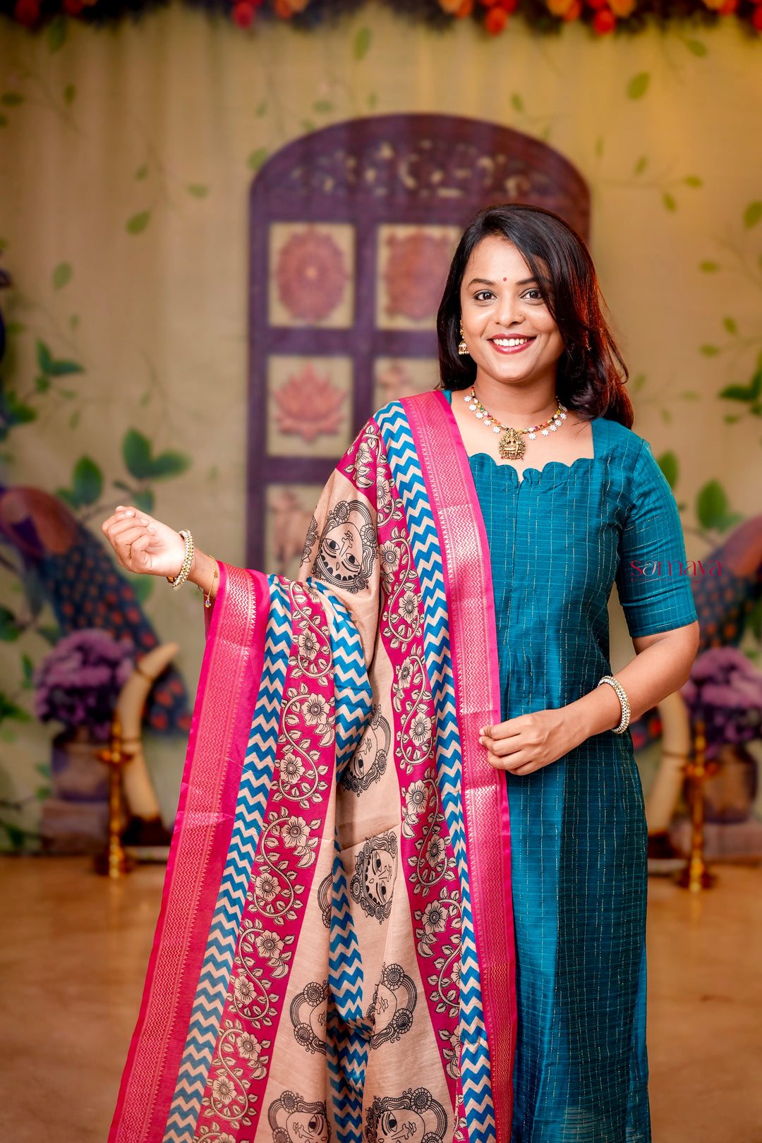 Oviyam raw silk Kurta 3 piece set with kalamkari dupptta
