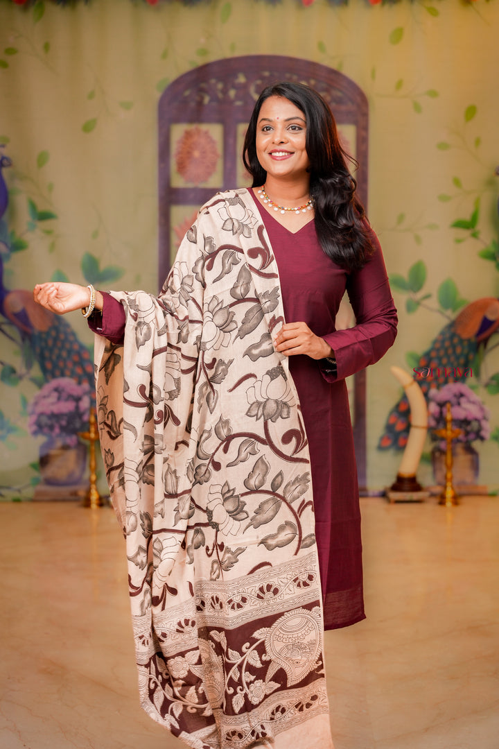Malar -maroon  raw silk Kurta Set with hand painted kalamkari cotton dupptta