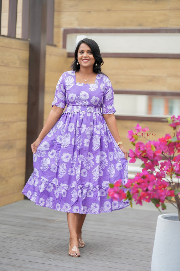 Lilac Casual Dress With Lining( Wrinkle-Free Cotton Blend Dress)